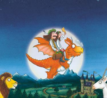 lllustration by Axel Scheffler of Zog the dragon flying at sunset with Princess Pearl and Sir Gadabout